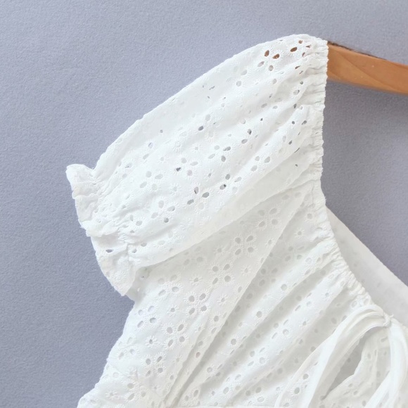 Boho White Eyelet Floral Fitted Ruffle Mini Dress - Picture 5 of 8